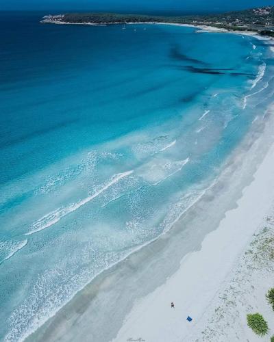 an aerial view of a beach with the ocean at Casa Flavio in Porto Pino