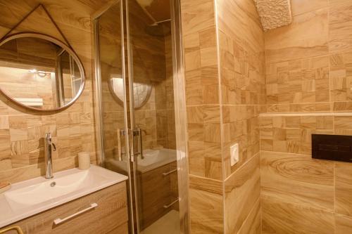 Un baño con ducha, lavabo y espejo. en LA BERGERIE Appartement 1, en Mont-de-Lans