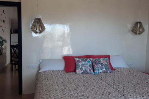 een bed met kussens erop in een slaapkamer bij Apartamento con terraza y jardín in Las Breñas