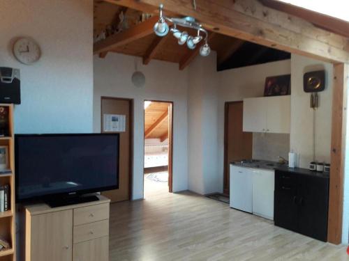 a living room with a large television and a kitchen at Apartman OPG Balja in Garešnica