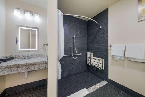 a bathroom with a walk in shower next to a sink at Comfort Inn Gilroy in Gilroy