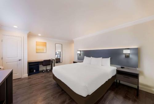 une chambre d'hôtel avec un grand lit et un bureau dans l'établissement Comfort Inn Gilroy, à Gilroy