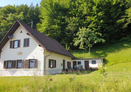 a white house with a black roof in a field at Ferienhaus Annemarie in Ludmannsdorf