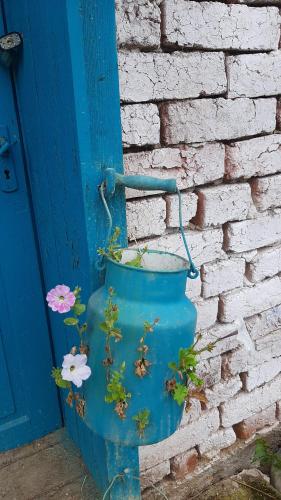 a blue pot with flowers in it next to a brick wall at Poiana Stelelor in Văleni
