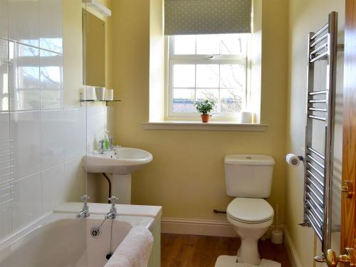 a bathroom with a toilet and a sink and a tub at Osprey Cottage - Uzq in Kirkton of Airlie