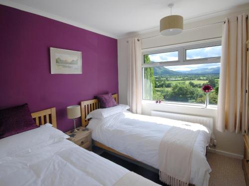 バセンスウェイトにあるHolly Bankの紫の壁と窓が特徴の客室で、ベッド2台が備わります。
