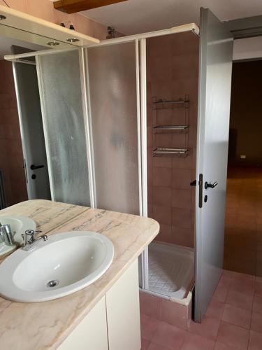 a bathroom with a sink and a shower at vicolo forno in Mercallo
