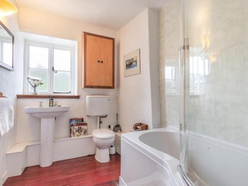 a bathroom with a tub and a toilet and a sink at Sheepwash Square House in Sheepwash