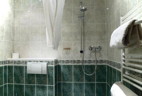 La salle de bains est pourvue d'une douche avec du carrelage vert. dans l'établissement Bellevue Gastgeberei, à Buckow