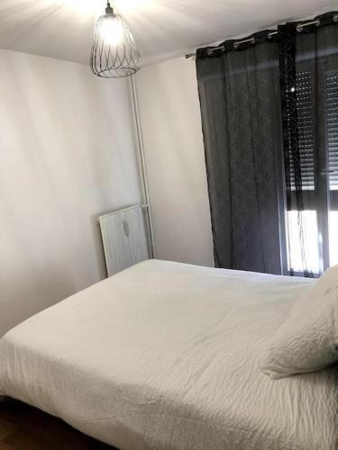 une chambre avec un lit blanc et une fenêtre dans l'établissement Appartement Eluard, à Saint-Jean-des-Vignes