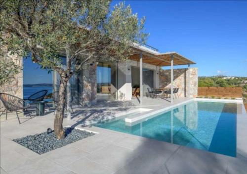 a house with a swimming pool and a tree at Villa Alliopi ein Blick für die Sinne in Kranidi