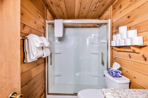 un baño con ducha y WC en Behnkes Bungalow, en Manitowish Waters