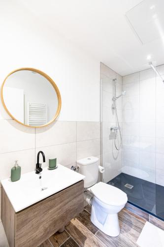 une salle de bain avec toilettes, lavabo et miroir dans l'établissement La Belle de Nuit - Hôtel de Ville, à Saint-Étienne