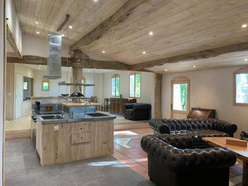 Il comprend un grand salon avec des meubles en cuir et une cuisine. dans l'établissement Gîte Les Cabanes de Fallot pour 15 personnes - piscine naturelle, à LʼIsle-Bouzon