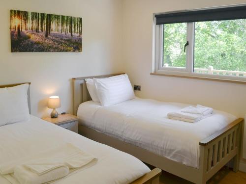 2 camas individuales en una habitación con ventana en Maple Lodge, en Otterburn