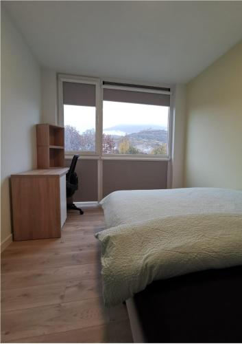 1 dormitorio con cama, escritorio y ventana en smallville en Sion