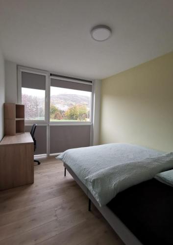 a bedroom with a bed and a desk and a window at smallville in Sion