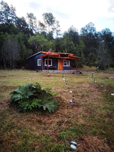 una pequeña casa en medio de un campo en Cabañas Orillas Del Nilahue, en Riñinahue