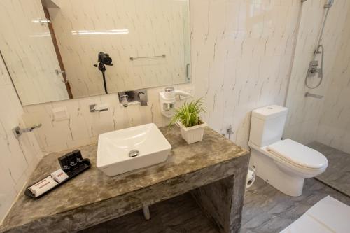 a bathroom with a sink and a toilet at Sigiriya Wewa Addara Hotel - Hotel By The Lake in Sigiriya