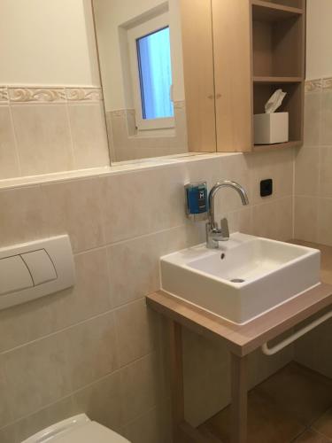 a bathroom with a sink and a toilet at Ferienwohnung am See in Ascheberg