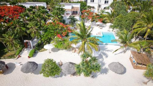an aerial view of a resort with a swimming pool at Alma Boutique Hotel in Jambiani