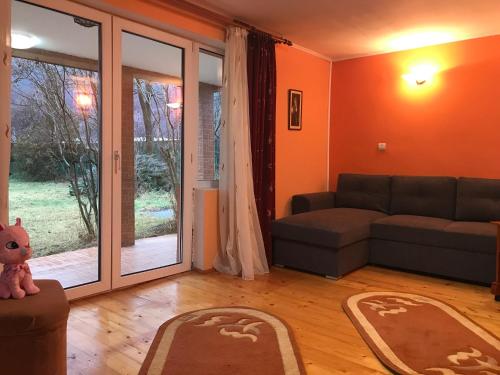 Casa Didy في Voineşti: غرفة معيشة بها أريكة وباب زجاجي منزلق