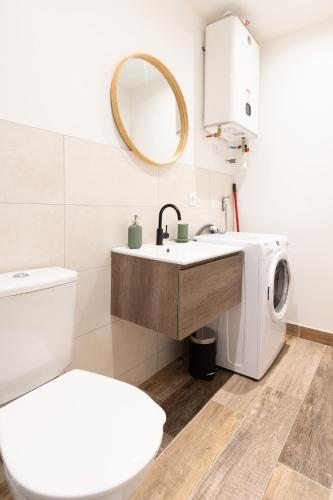une salle de bain avec un lavabo et une machine à laver dans l'établissement Luna - Hôtel de Ville, à Saint-Étienne