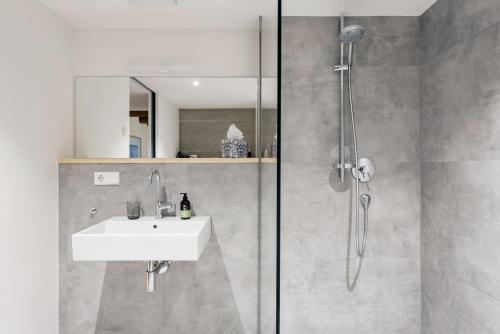 ein Bad mit einem Waschbecken und einer Dusche in der Unterkunft FRIZ Holiday Apartments in Gundelfingen