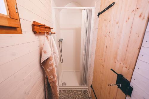 a bathroom with a shower and a shower door at chaticky.basta in Čakov