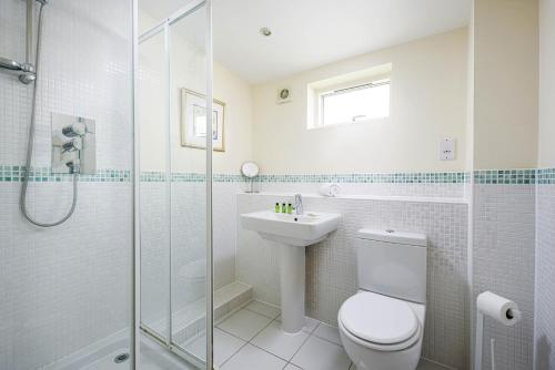 uma casa de banho com um WC, um lavatório e um chuveiro em Lakeside property with hot tub Barn Owl HM08 em Somerford Keynes