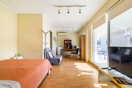 Televízia a/alebo spoločenská miestnosť v ubytovaní Agia Paraskevi luxury loft