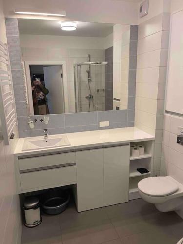a bathroom with a sink and a toilet and a mirror at Przytulny apartament na zamkniętym osiedlu in Kąty Rybackie