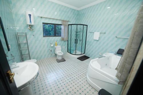 y baño con ducha, aseo y lavamanos. en Afranasa Inn, en Tema