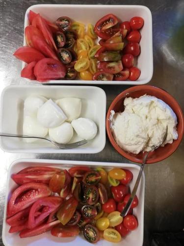 three trays of food with tomatoes onions and other vegetables at Agriturismo con Cucina tipica Nuova Scardua in Cavriana