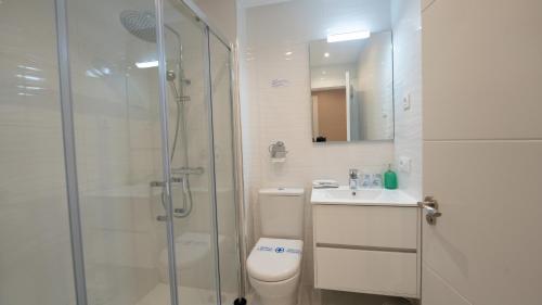a bathroom with a shower and a toilet and a sink at Hotel El Parador in Soto del Barco