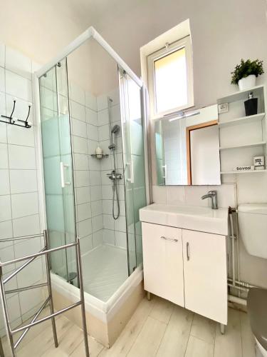 une salle de bain avec douche et lavabo dans l'établissement Arles Forum - Les Pénitents Bleus, à Arles