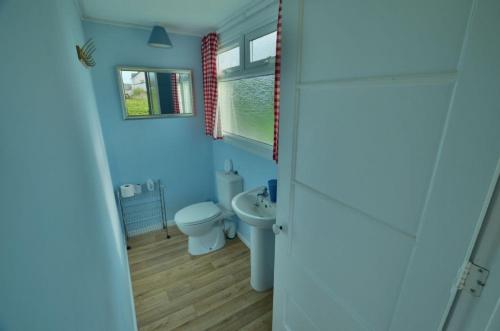 a blue bathroom with a toilet and a sink at A02 Mermaids Nest A2, Riviere Towans in Hayle