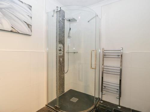 a shower with a glass door in a bathroom at Tree of Life House, Number 27 Bere Lane in Glastonbury