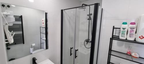 y baño con ducha y puerta de cristal. en APTO TANEZ LAS VEGAS STYLE, a, en Madrid