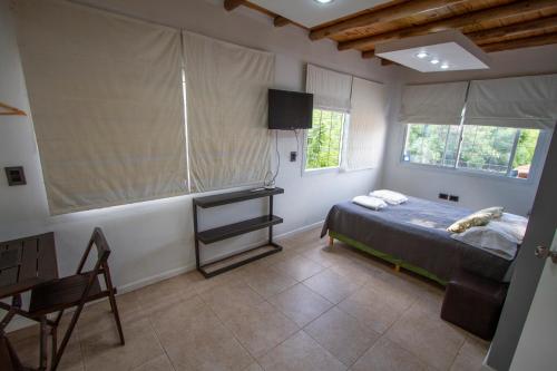 a bedroom with a bed and a desk and two windows at Mini Loft in Godoy Cruz