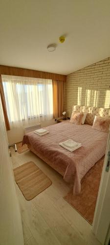 a bedroom with a large bed in a room with windows at Apartman N101, Milmari, Kopaonik in Kopaonik