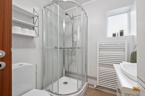 La salle de bains est pourvue d'une douche, de toilettes et d'un lavabo. dans l'établissement Odinn Reykjavik Eiriksgata Apartments, à Reykjavik