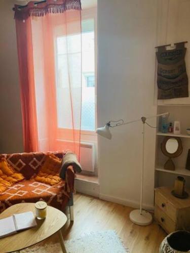 un salon avec un canapé et une fenêtre dans l'établissement Coquet studio coeur de ville au calme, à Millau