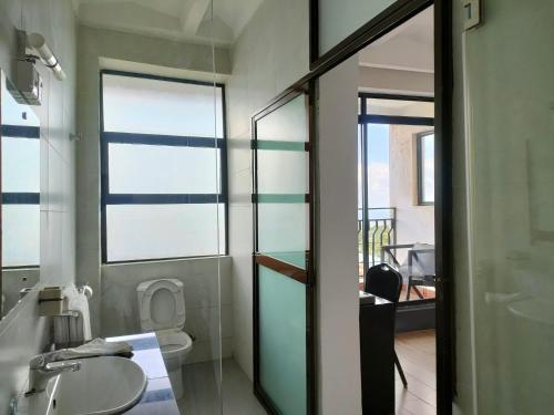 baño con lavabo y aseo y ventana en THE HOTEL EZRI en Meru