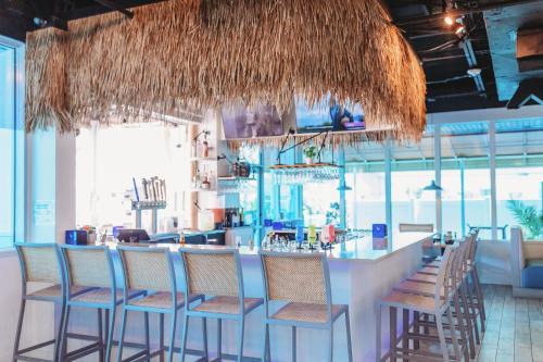 a bar with chairs and a counter in a restaurant at Winter the Dolphin's Beach Club, an Ascend Collection Hotel in Clearwater Beach