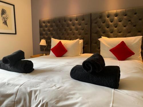 カークウォールにあるKingston Houseのベッドルーム1室(白いベッド1台、赤と黒の枕付)