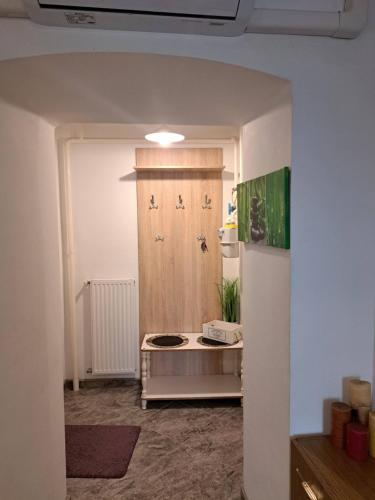 a kitchen with a refrigerator and a door in a room at Aranyvár Apartment in Eger
