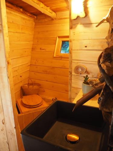 a wooden bathroom with a sink and a toilet at Cabane perchée - Les Cabanes de Fallot - sauna bain-froid piscine in LʼIsle-Bouzon