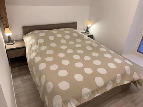 a bed with a polka dot cover in a room at Le Nalousie in Livry