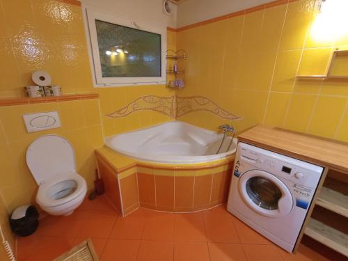 a bathroom with a tub and a toilet and a washing machine at Bydlinská zahrádka Těšíkov in Šternberk
